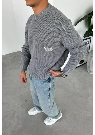 Gri Los Angeles Nakış Oversize Triko Kazak Gri