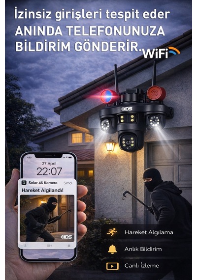 9mp Tam Hareketli 3 Kameralı Wifi Güvenlik Kamerası - Çakar Led -sirenli