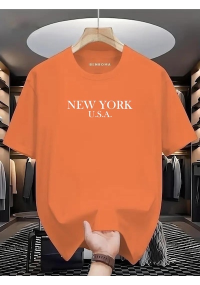 New York Usa Baskılı Oversize Tişört Turuncu