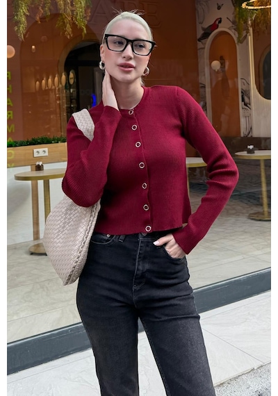 Madmext Bordo Çıt Kapamalı Triko Kadın Hırka Mg2579 Bordo