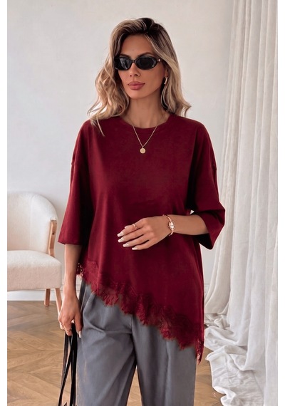 Genius Store Kadın Dantelli Tişört Kahverengi Pamuklu Dantel Detaylı Rahat Kesim Asimetrik Kadın Bluz Dantelli-8989 Bordo