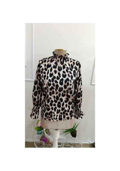 Butik İstanbul Kadın Uzun Kollu Balıkçı Yakalı Desenli Modal Bluz Leopar