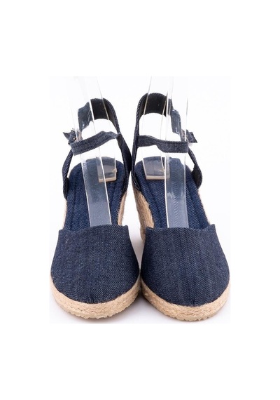 Star Tombis Gerçek Elişi Topuğu Açık Bilekten Bantlı Dolgu Topuk Kot Mavi Keten Hasır Espadril Handmade Koyu Mavi