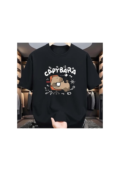 Caddemia Yaz  Moda Rahat Gevşek Spor Karikatür Desen Baskılı Yuvarlak Boyun Kısa Siyah 2XL
