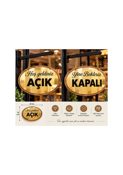 Lüks Gold Aynalı Pleksi Ve Ahşap Çerçeveli Çift Taraflı Açık / Kapalı Kapı Tabelası - 21x13 Cm