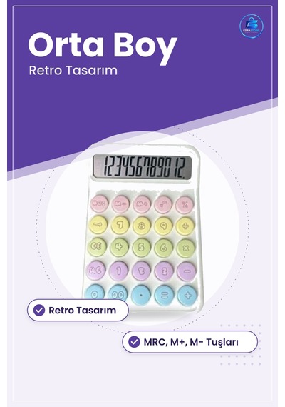 Retro Tasarımlı Renkli Orta Boy Hesap Makinesi Masaüstü Ofis Günl Çok Renkli