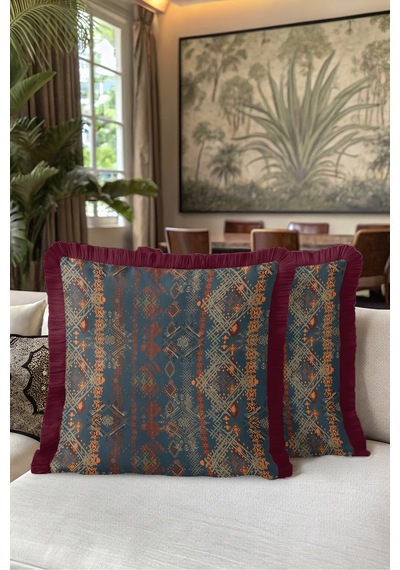 Etnik Kilim Desenli Saçaklı Yastık Kılıfı - Otantik Retro Lacivert Bordo Püsküllü Kırlent Kılıfı Kadim Ufuk Saten