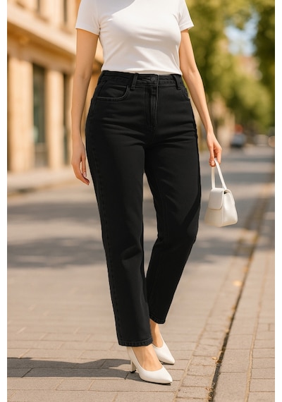 Cedy Denim Cedy Denım - Kadın Büyük Benden Boru Paça Yüksek Bel Regular Fit Likralı Pantolon C626 Siyah