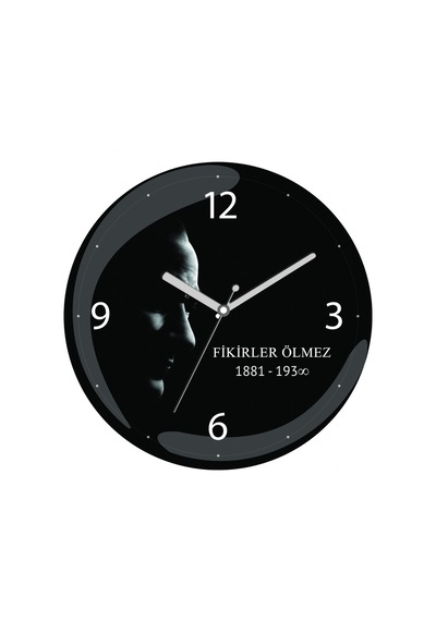 Atatürk Fikirler Ölmez Çap 30cm Sessiz Akar Bombeli Gerçek Cam Duvar Saati Siyah