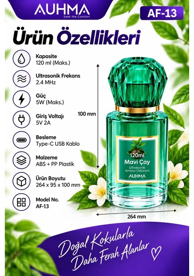 Ultrasonik Aroma Difüzörü 120 Ml Mavi Çay Kokulu Led Işıklı Araç Ve Oda Kokusu