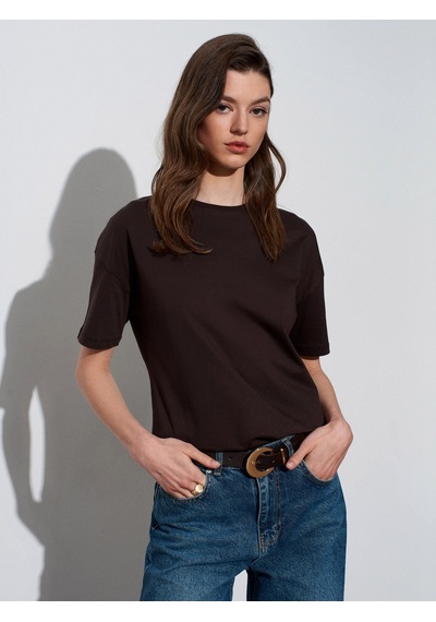 3683 Kadın Basic T-Shirt-Koyu Kahve - 528427730