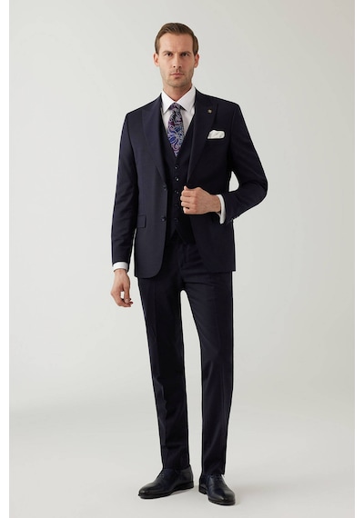 Erkek Lacivert Sivri Yaka Slim Fit Yelekli Takım Elbise