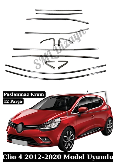 Renault Clio 4 Hatchback 2012-2020 Uyumlu 12 Parça Paslanmaz Krom Cam Çıtası - Tam Tur Set
