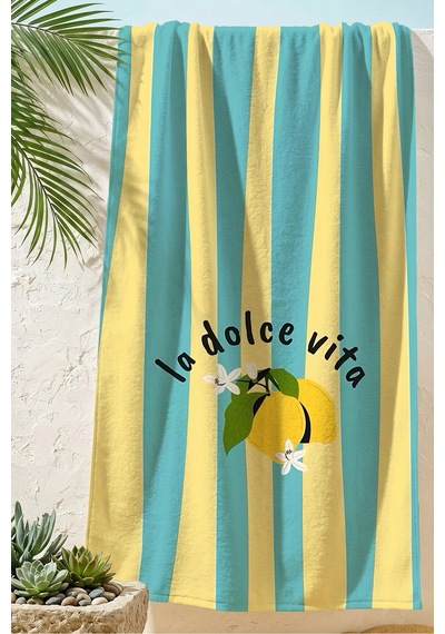Çizgili Limon La Dolce Vita Temalı Mikrofiber Plaj Havlusu - Akdeniz Sarı Turkuaz Banyo Sahil Örtüsü Mat Porselen