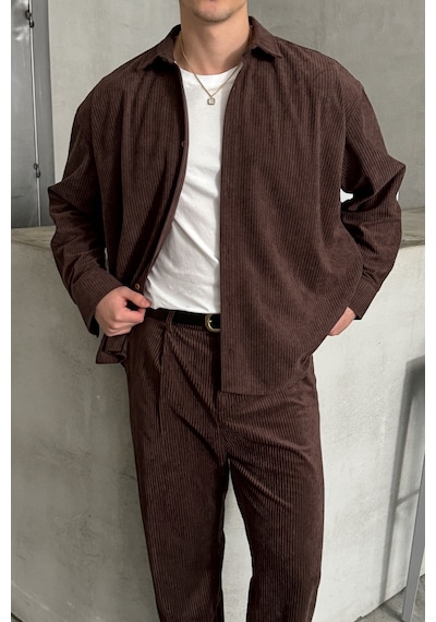 Erkek Oversize Kesim Kadife Gömlek Kahverengi