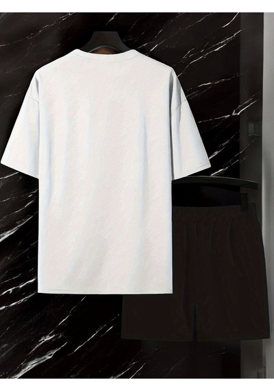 Uyguntarz Unisex W Yazı Tasarım Basklı Tshirt Şort Takımı Beyaz