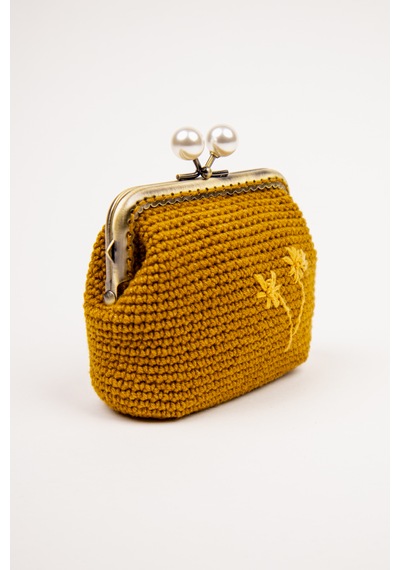 Fabric Craft Bag Kadın Örgü Cüzdan Klipsli, Merserize İplik Çiçek Nakışlı Cüzdan Hardal Sarısı