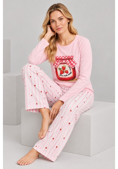 Pijamask Kadın Pembe Çilek Reçeli Baskılı Çizgili Bol Paça Pamuklu Pijama Takımı Pudra