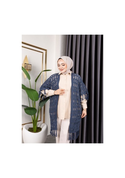 Hira Life Fashion Kadın Mevsimlik Saçaklı Ve Ajurlu Pamuk Triko Hırka Mavi Mavi