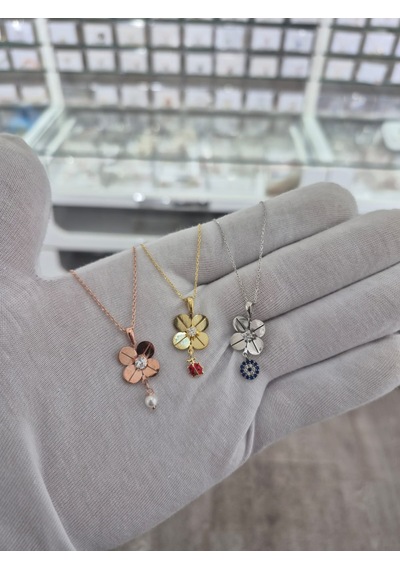 925 Ayar Papatya Silver 3'lü Set 4 Yaprak Yonca Kolye.rose.gold.rodaj Gümüş