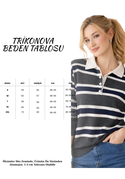 Trikonova Lacivert Çizgili Polo Yaka Düğmeli Triko Kazak Antrasit