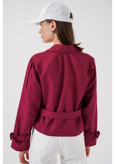 Bigdart Kadın Kemerli Kısa Trençkot 5970 - Bordo