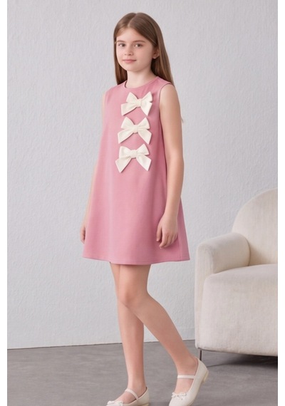 Fesshera Kids Kız Çocuk %100 Pamuk Double Crep Elbise Fiyonk Detaylı Sıfır Kollu Düğme Kapamalı Özel Gün Elbisesi Pembe