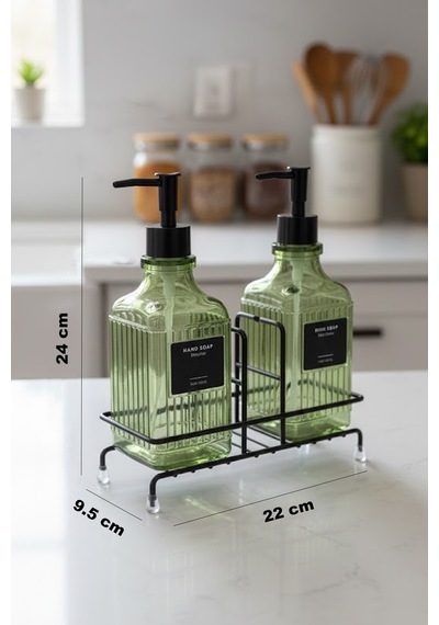 Makri Home Modern Çizgili Desenli Cam Ikili Sıvı Sabunluk & Deterjanlık Seti, Yeşil- 500 Ml Cam Sabunluk Yeşil