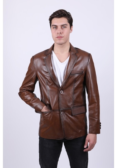 New Zaya Leather Erkek Kahverengi Blazer Deri Ceket Kahverengi