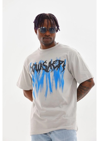 Baskılı Oversize T-shirt - Gri -Çok Renkli