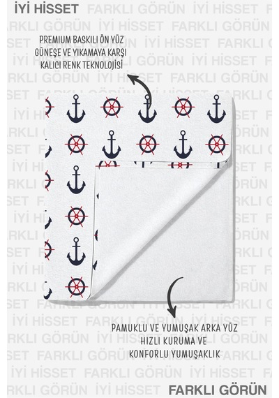 Çapa Dümen Marine Plaj Havlusu - Beyaz Lacivert Kırmızı Nautical Hızlı Kuruyan Mikrofiber Havlu Eski Bulut