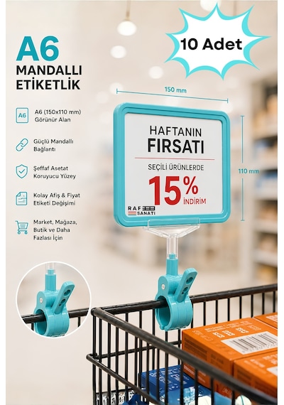 10 Adet - A6 Fiyatlık Mandallı Etiketlik Sepet Raf Askılık Fiyat Etiketi Çerçeveli Market Mağaza Turkuaz