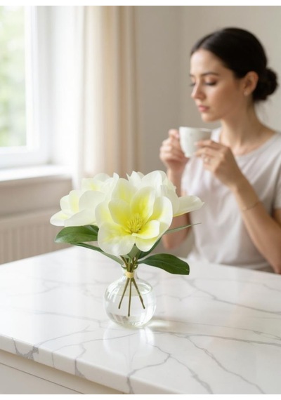 Yapay Çiçek 3dallı Buket Manolya Gerçek Dokulu Magnolia 32cm Krem Krem