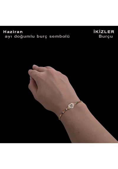 Archin İkizler Burçlarına 14 Ayar Altın Plakalı Kalp Motifli Renkli Taşlı Hediye Bileklik-348burç Altın