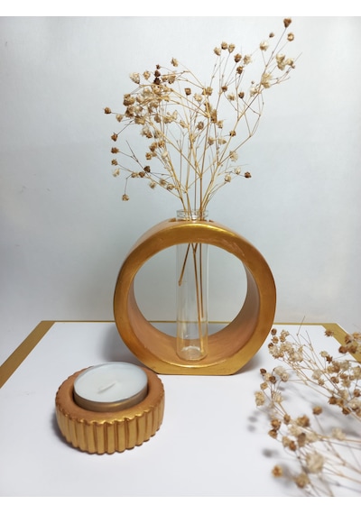 Dekoratif Vazo, Cam Tüplü, Yuvarlak Model Gold