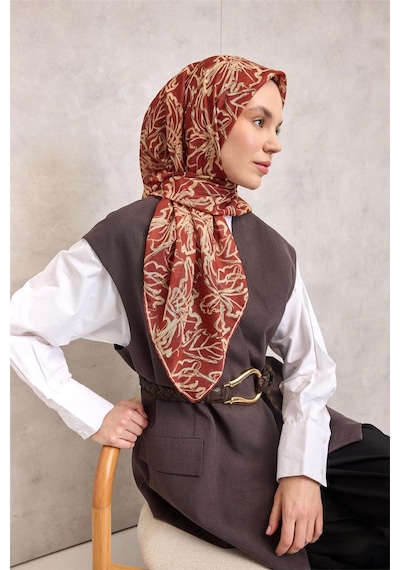 Silk Home Pamuk Polyester Soft Eşarp Kiremit Lilium Desenli Kaymaz Dokulu 90x90 Çok Renkli