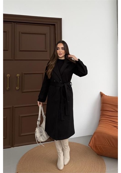Neşeli Butik Kadın Siyah Kuşaklı Reglan Kol Düğmeli Premium Kaşe Kaban Nbkbn01 Siyah