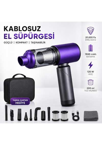 20.000 Pa Kablosuz Araç Süpürgesi 120w Güçlü Emiş 7800 Mah Şarjlı El Süpürgesi 8 Başlıklı Hepa Filtreli Mini Vakum Mor