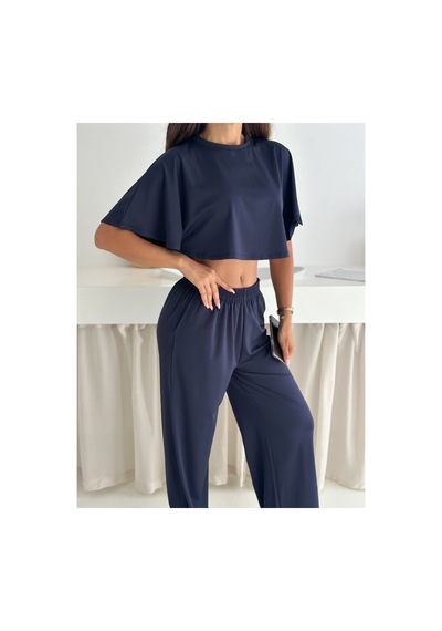 Gugus Yazlık Takım - Alt Üst Kadın Dokulu Kumaş -baggy Pantolon + Salaş Üst Lacivert