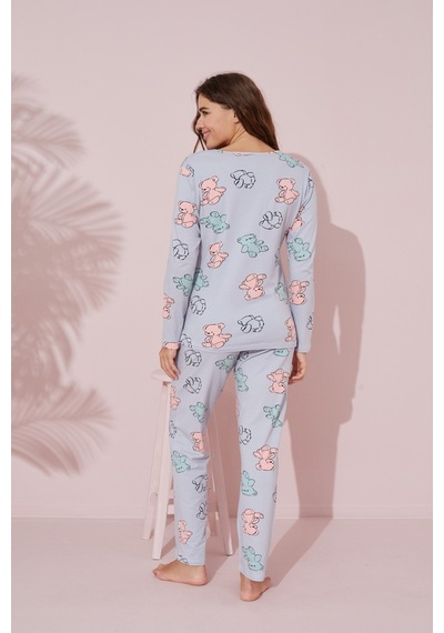 Siyah İnci Pamuklu Örme Pijama Takım 24241076 mavi