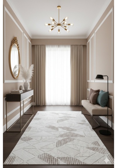 Modern Geometrik Desenli Bej Kahve Halı Kabartmalı Dokulu Salon Oturma Odası Yatak Odası Dekoratif Halı Fch3023 Kahve