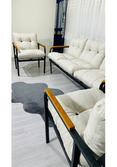 Madame Home Defne Balkon, Bahçe, Cafe - Metal Kanepe Koltuk Takımı - 3+1+1 Krem