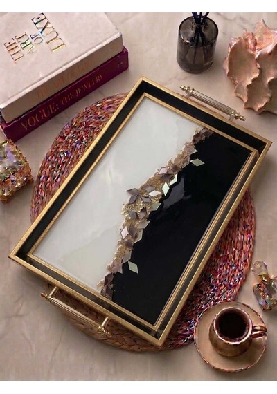 Kristal Desenli Siyah Gold Çerceveli Ve Kulplu Çay Kahve & Sunum Tepsisi