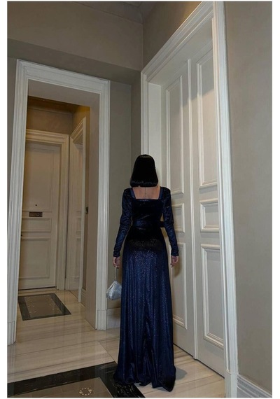 DefyModa Kadın Kare Yaka Kemerli Uzun Kollu Abiye Elbise Lacivert