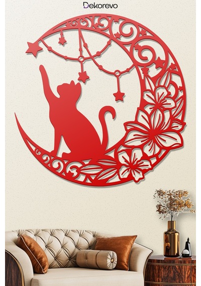 Floral Hilal Ve Kedi Silüeti Dekoratif Metal Tablo - Metal Duvar Sanatı - Kırmızı - 30 X 30 Cm
