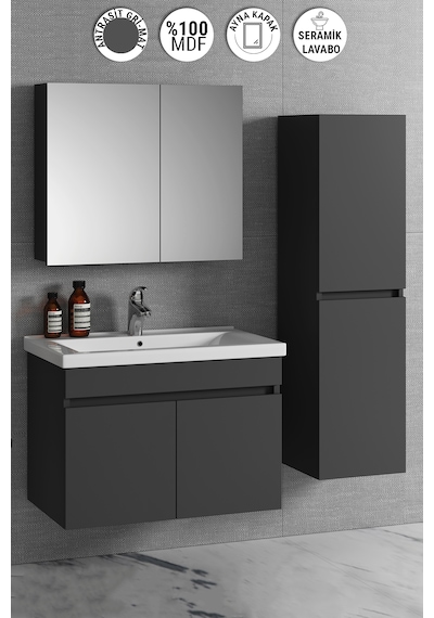 Çiğdem 80+35 Cm Antrasit Gri Mdf Lavabolu Asma Banyo Dolabı Takım Antrasit - Gri