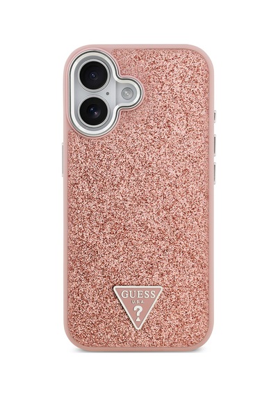 Apple Uyumlu iPhone 17 Kılıf Guess Lisanslı M-safeli Metal Kamera Çerçeveli Üçgen Logolu Glitter Pembe Pembe