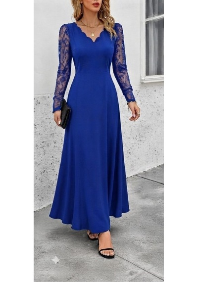 Butik İstanbul Kadın Uzun Kollu Dalgalı V Yakalı Dantelli Uzun Janjan Krep Elbise Saks Mavi