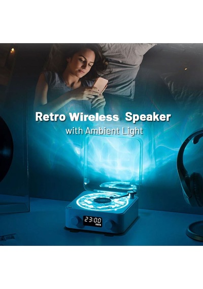 Retro Pikap Hoparlör Kablosuz Bluetooth Plak Tarzı Çalar Stereo Ses Rgb Projeksiyon Lambası Etkili