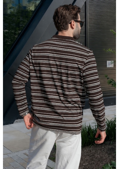 Madmext Kahverengi Regular Fit Çizgili Polo Yaka Erkek Tişört E7192